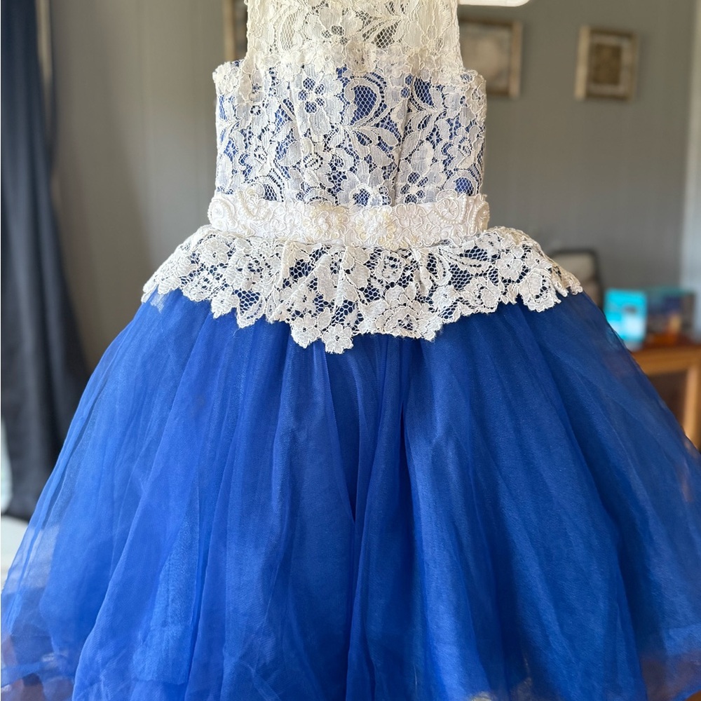 Charming Royal Blue and White Lace Kids Dress